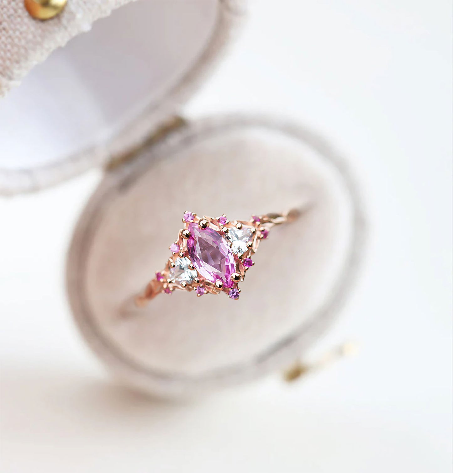 Unique Floral Rose Three Stone Marquise Pink Padparadscha and Moissanite Ring