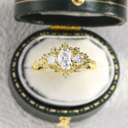 Unique floral engagement rings Briar Rose Three Stone Oval Moissanite Ring