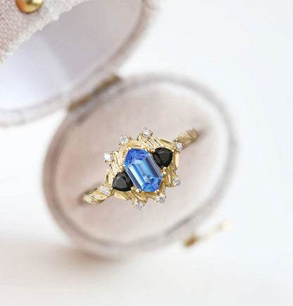 Unique Long Hexagon Lab Sapphire and Black Onyx Leaf Engagement Ring  Wedding Ring for Women