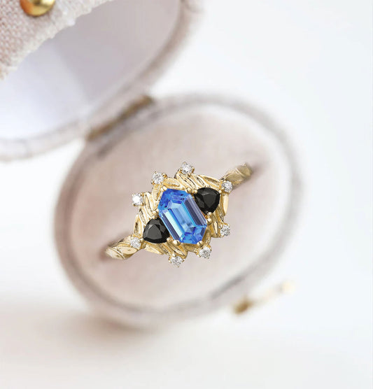 Unique Long Hexagon Lab Sapphire and Black Onyx Leaf Engagement Ring  Wedding Ring for Women