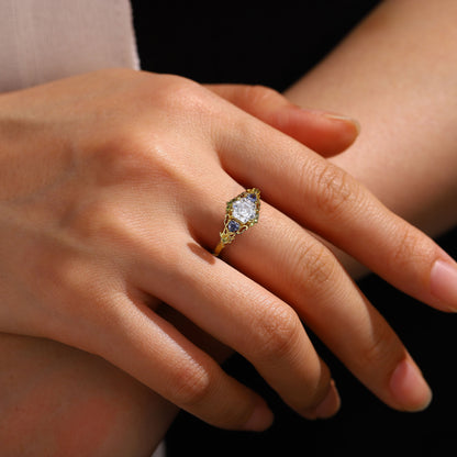 Unique Three Stone Hexagon Moissanite and Lab Sapphire Leaf Ring
