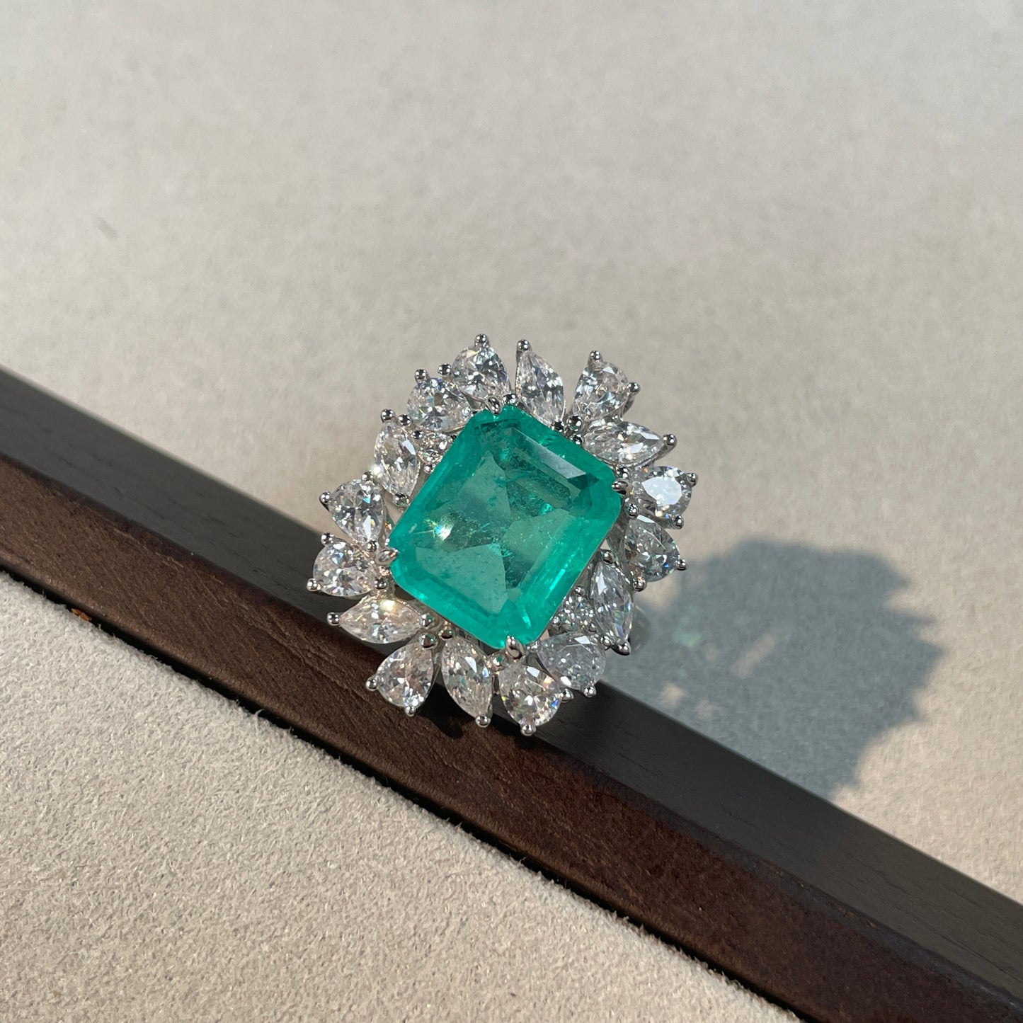 Emerald Green Halo Sterling Silver Engagement Ring