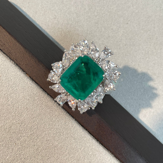 Emerald Green Halo Sterling Silver Engagement Ring