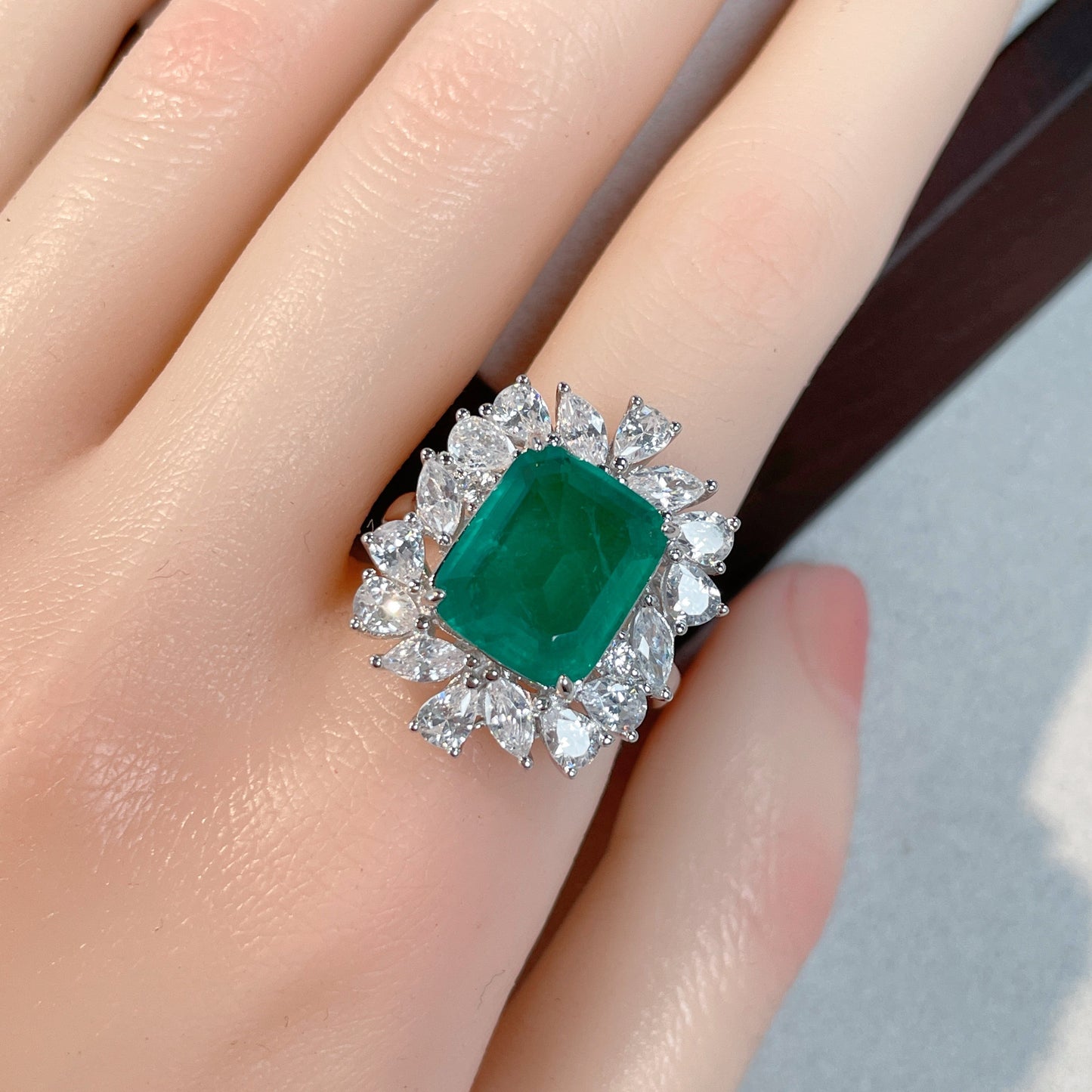 Emerald Green Halo Sterling Silver Engagement Ring