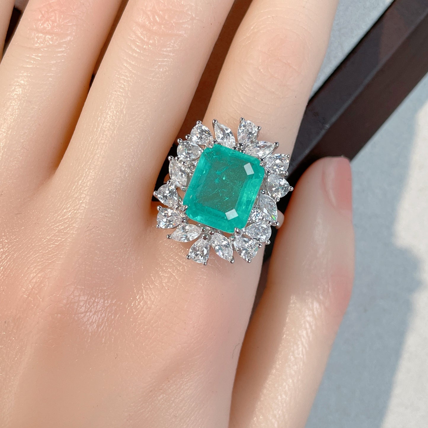 Emerald Green Halo Sterling Silver Engagement Ring