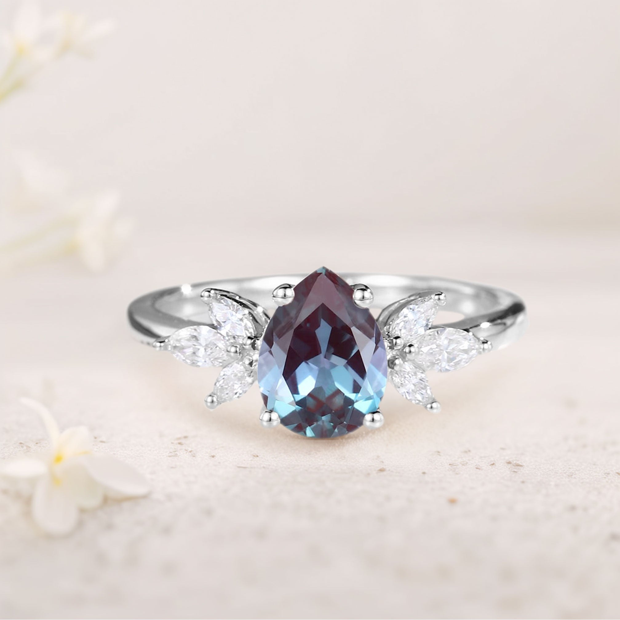 Unique Pear Lab Alexandrite and Moissanite 18K White Gold Engagement Ring
