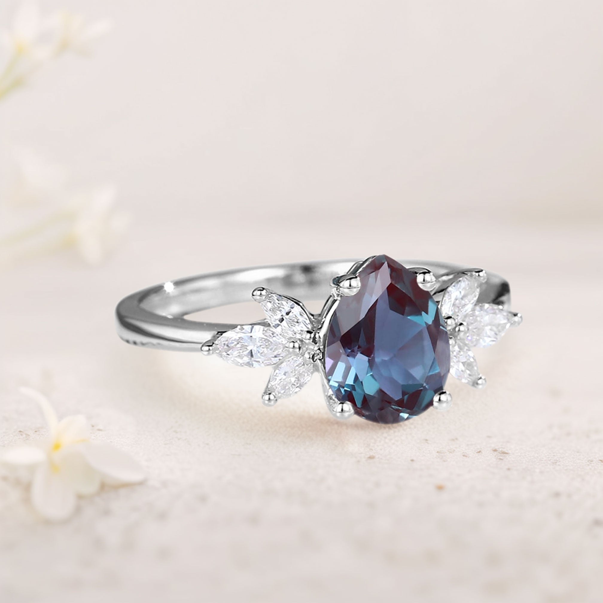 Unique Pear Lab Alexandrite and Moissanite 18K White Gold Engagement Ring