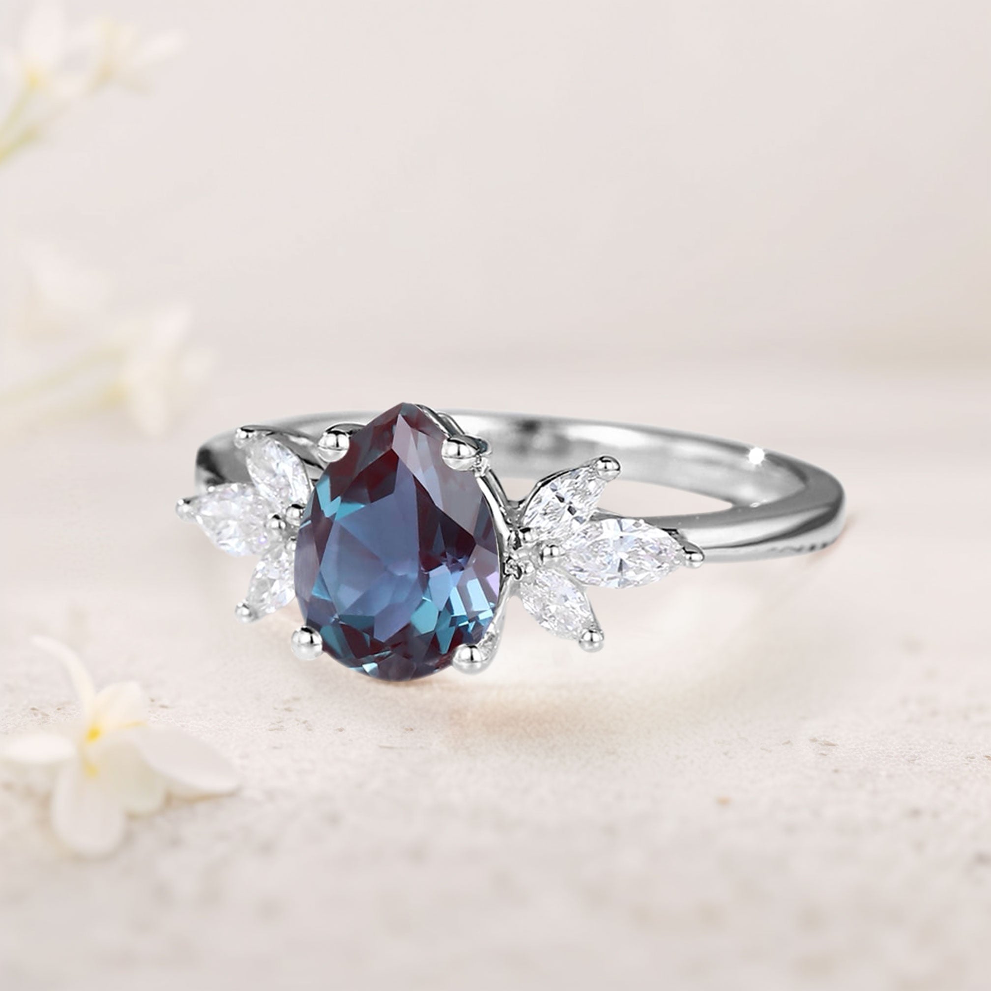 Unique Pear Lab Alexandrite and Moissanite 18K White Gold Engagement Ring