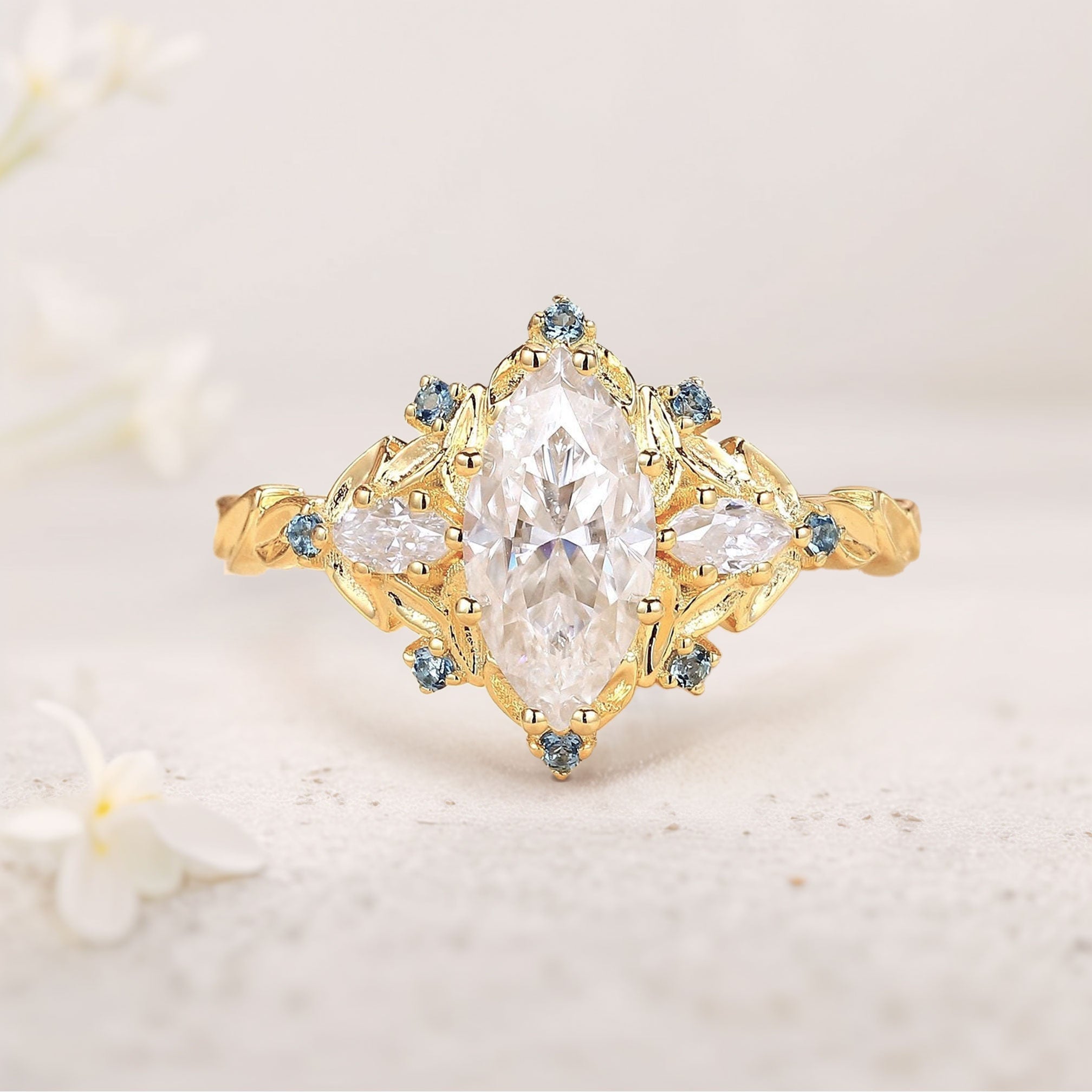 Unique floral engagement rings Marquise Moissanite Ring Art Deco Round Alexandrite 18K Yellow Gold Wedding Ring