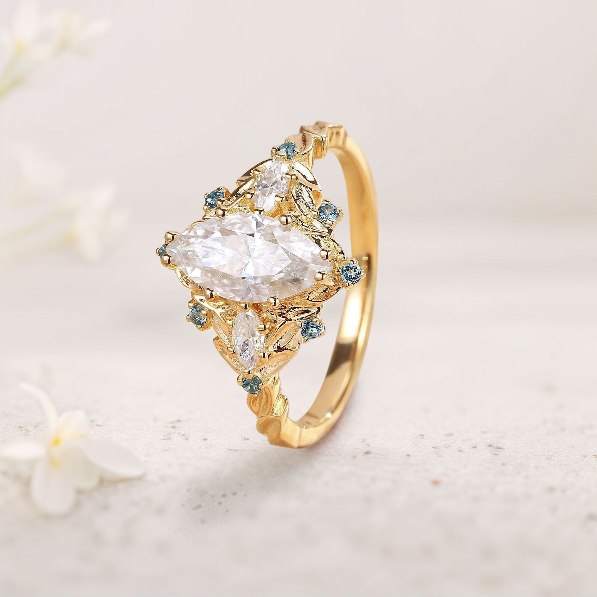 Unique floral engagement rings Marquise Moissanite Ring Art Deco Round Alexandrite 18K Yellow Gold Wedding Ring