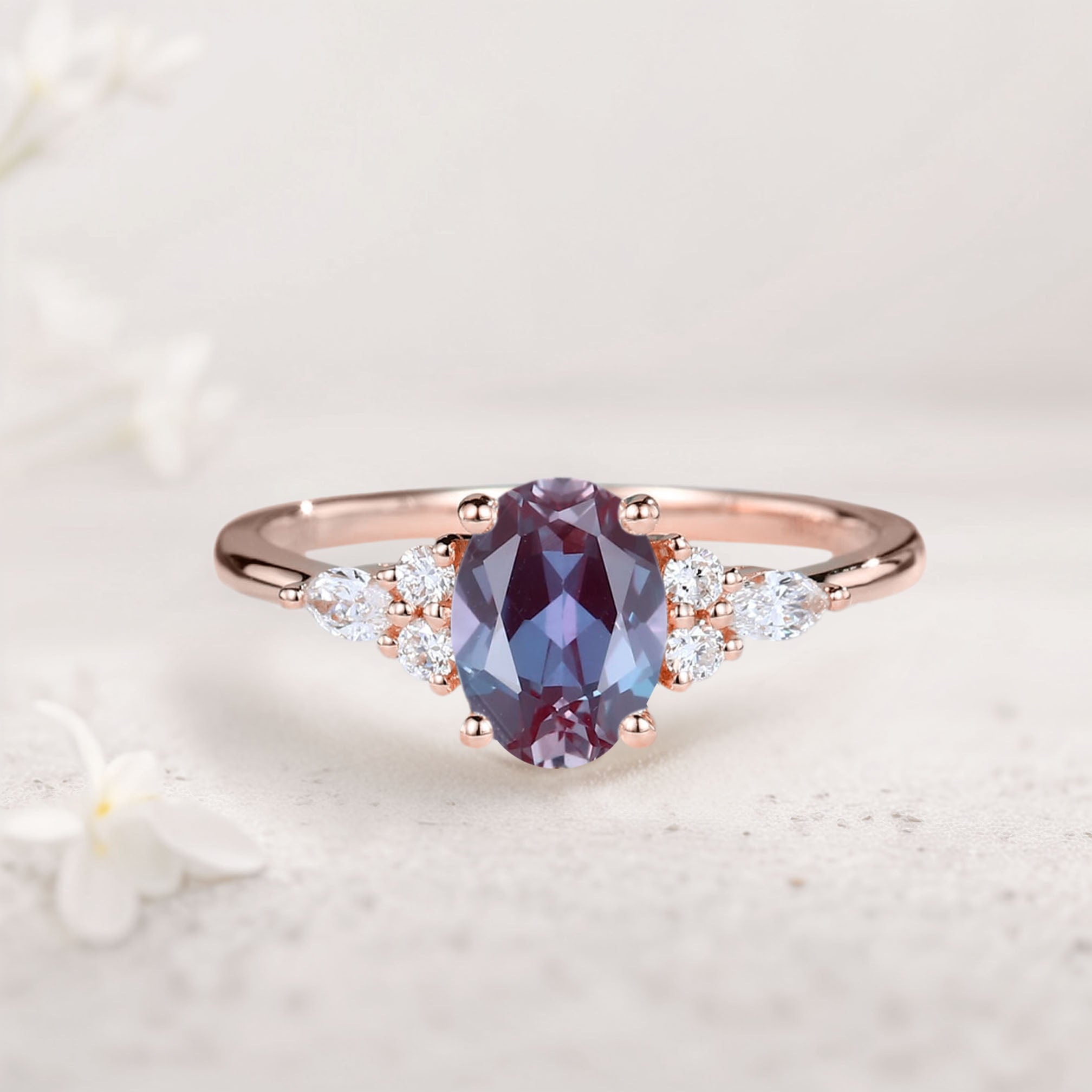Vintage Oval Lab Alexandrite Cluster 18K Rose Gold Engagement Ring 