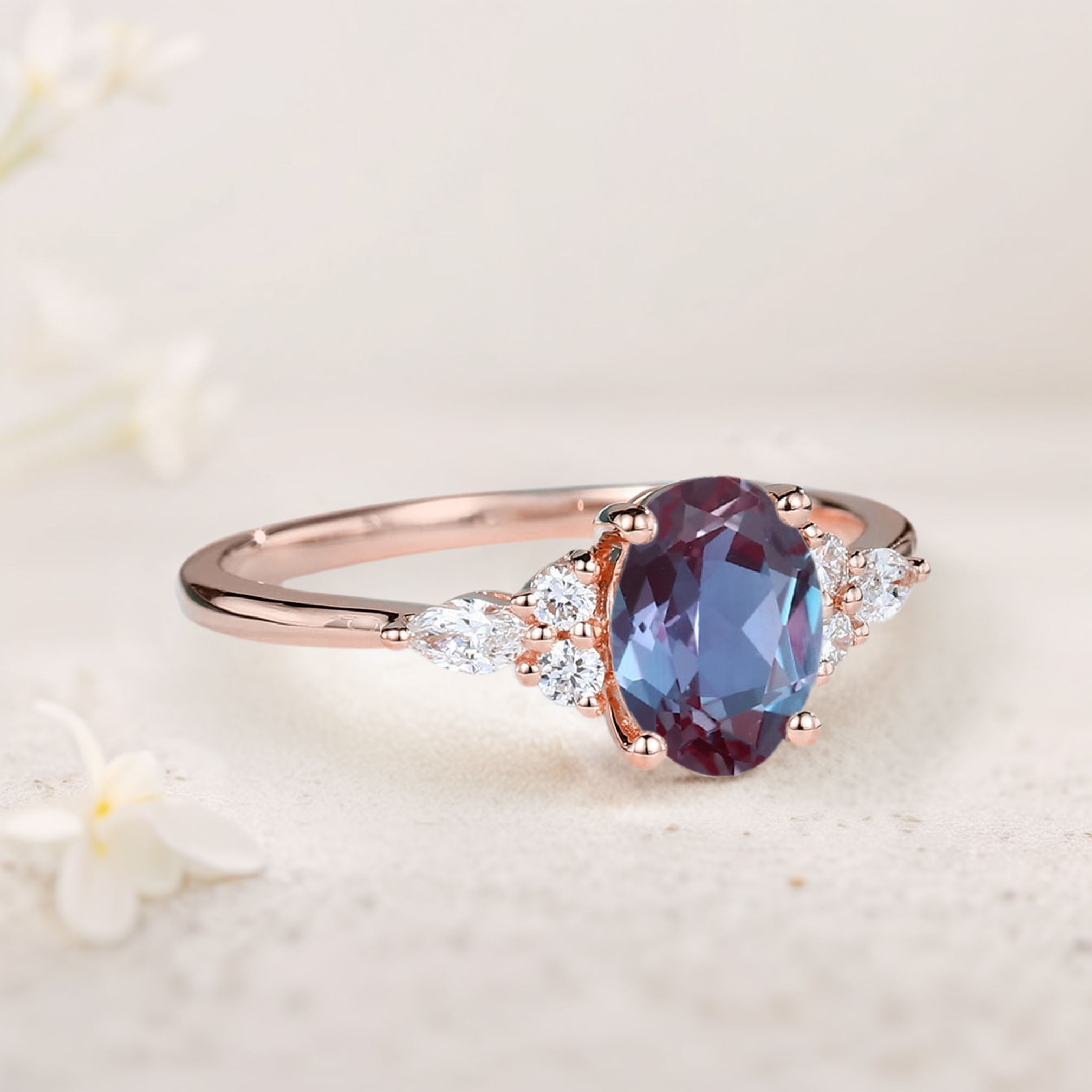 Vintage Oval Lab Alexandrite Cluster 18K Rose Gold Engagement Ring 