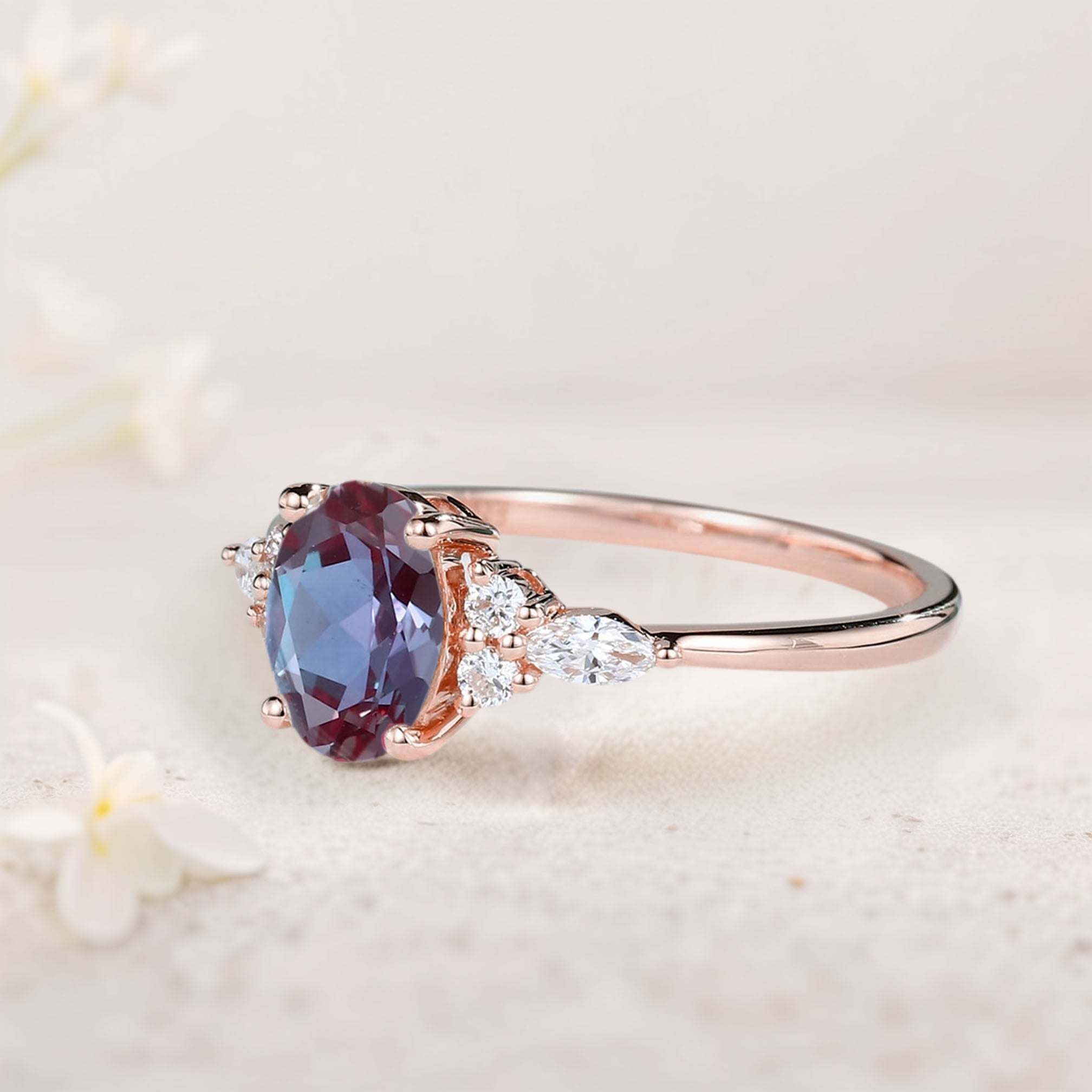 Vintage Oval Lab Alexandrite Cluster 18K Rose Gold Engagement Ring 