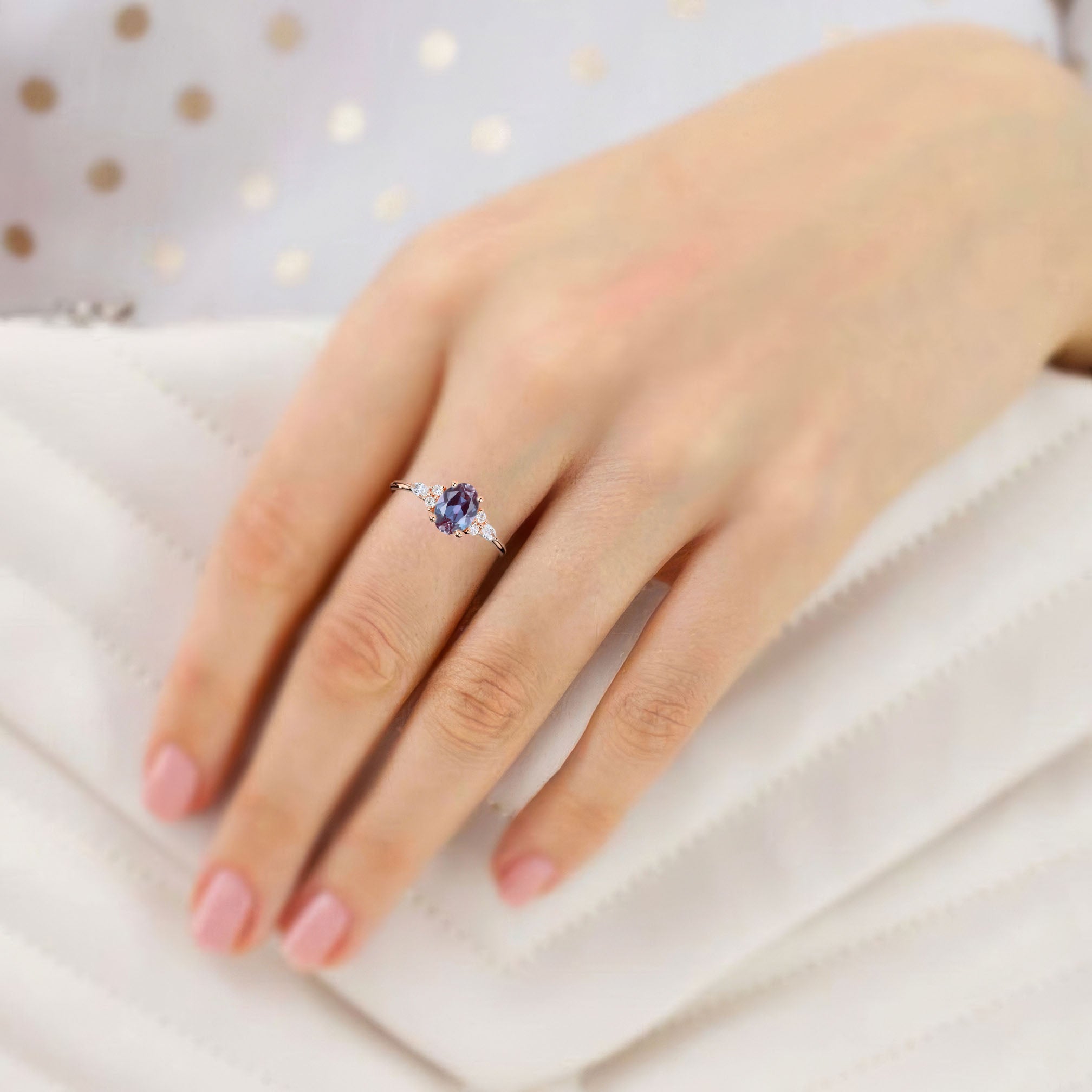 Vintage Oval Lab Alexandrite Cluster 18K Rose Gold Engagement Ring 