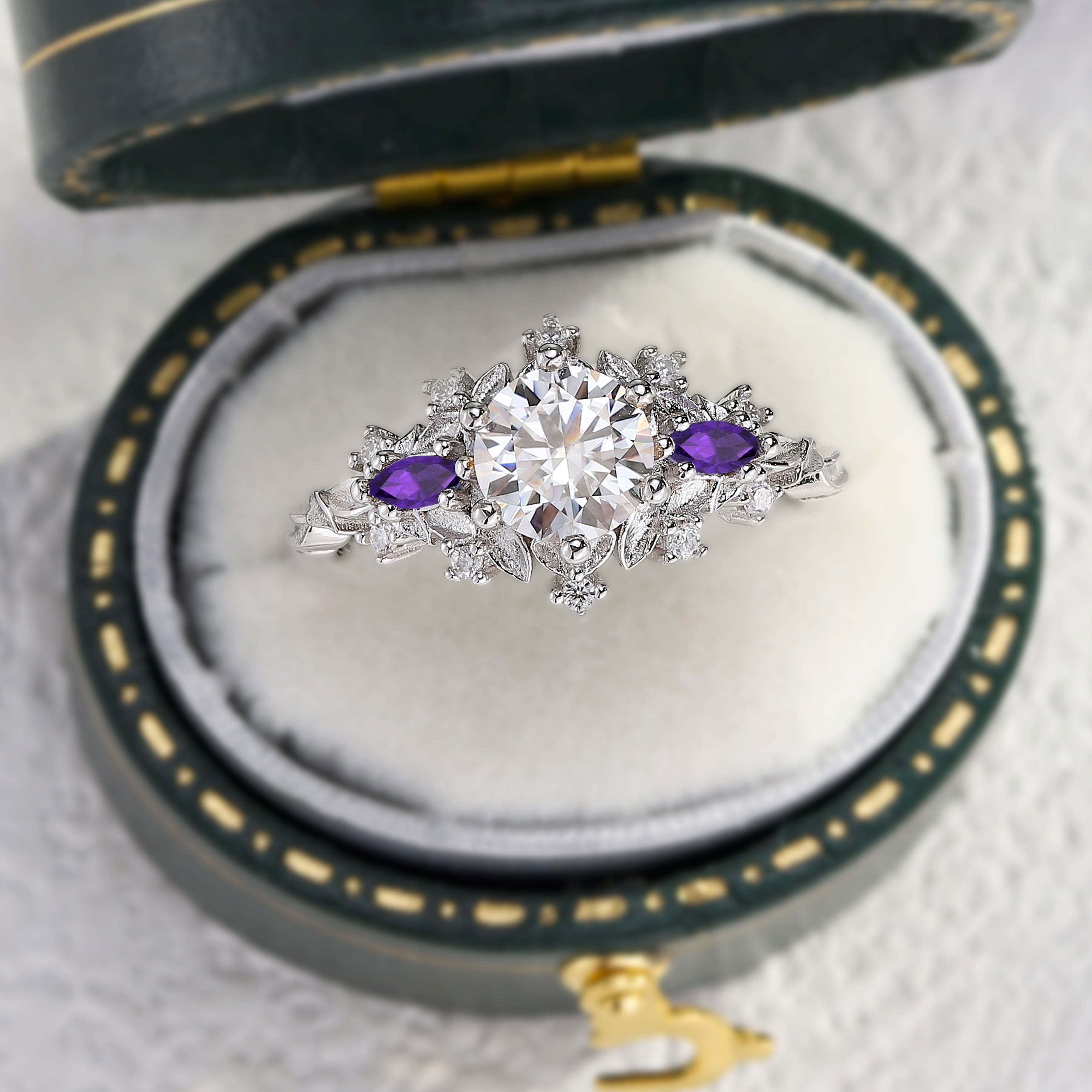 Customize your own Unique Briar Rose Three Stone Round Moissanite and Amethyst 18K White Gold Ring