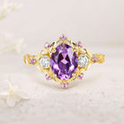 Unique Floral Three Stone Oval Amethyst Flower Engagement Ring Amethyst 18K Yellow Gold Cluster Bridal Ring