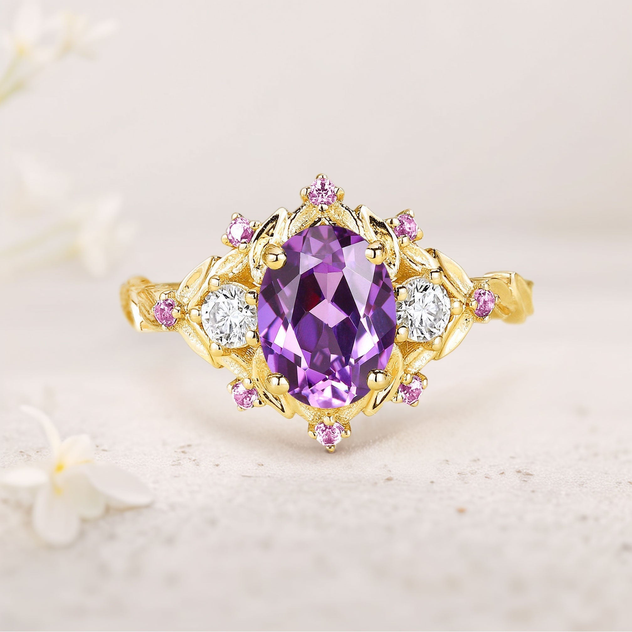 Unique Floral Three Stone Oval Amethyst Flower Engagement Ring Amethyst 18K Yellow Gold Cluster Bridal Ring