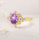 Unique Floral Three Stone Oval Amethyst Flower Engagement Ring Amethyst 18K Yellow Gold Cluster Bridal Ring