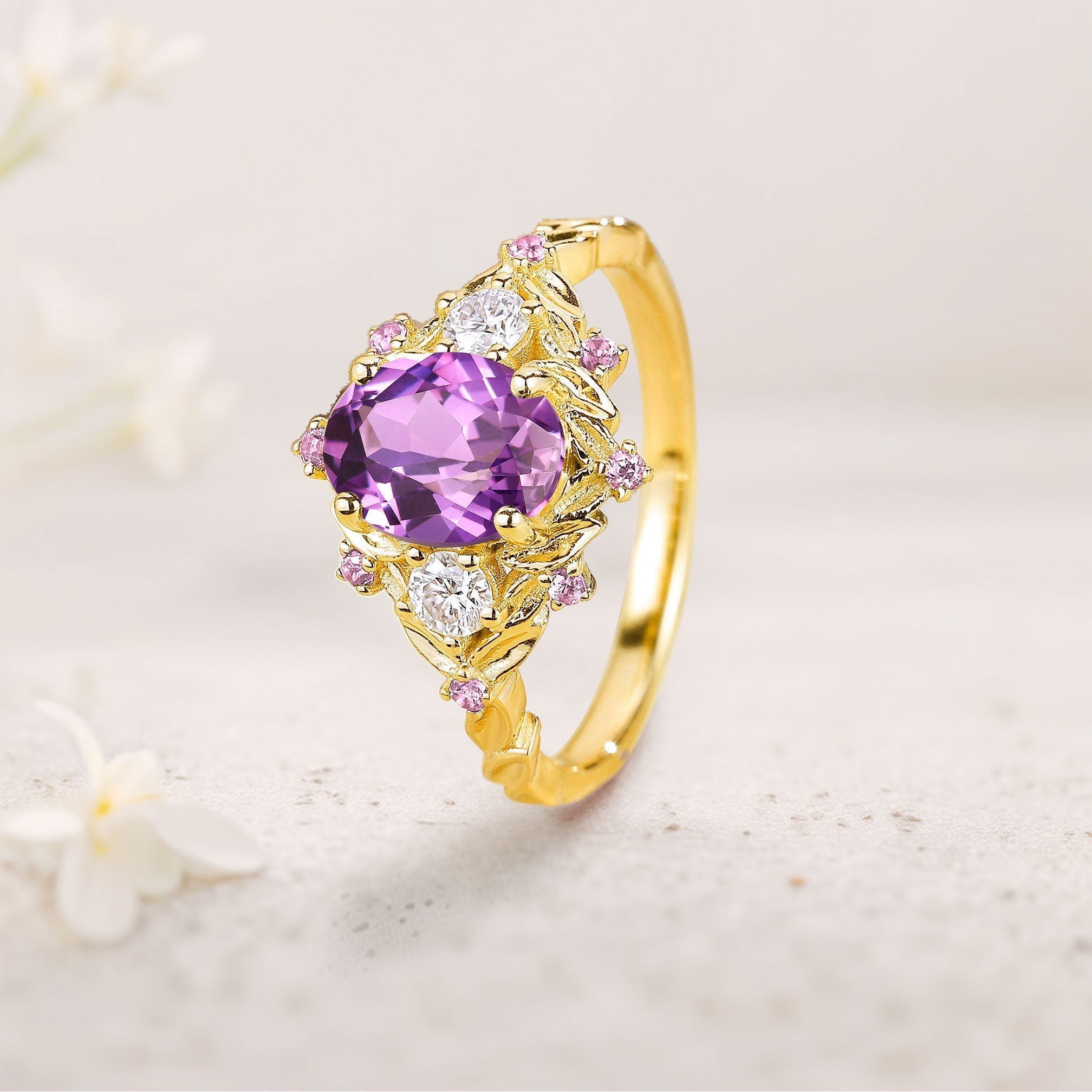 Unique Floral Three Stone Oval Amethyst Flower Engagement Ring Amethyst 18K Yellow Gold Cluster Bridal Ring