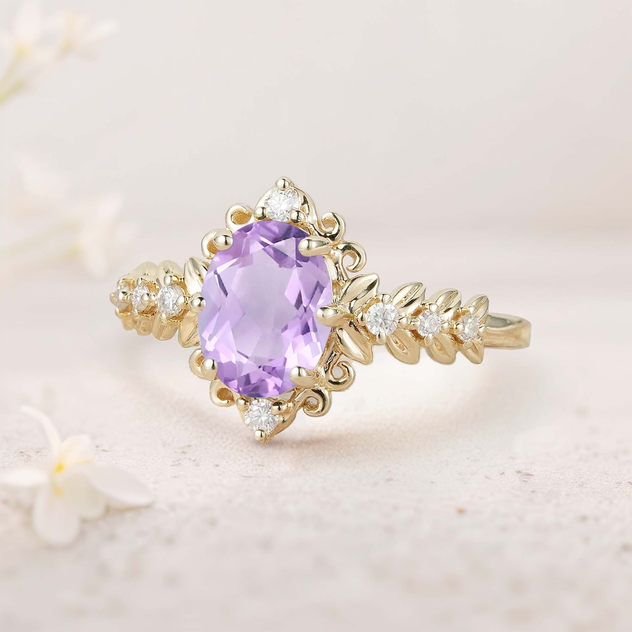 Unique floral engagement rings Elegant Royal Oval Amethyst Filigree Leaf 18K Yellow Gold Engagement Ring