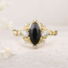 Unique floral engagement rings Marquise Black Onyx Ring Brilliant Moissanite Cluster Leaf 18K Yellow Gold Wedding Ring