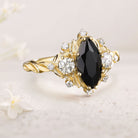 Unique floral engagement rings Marquise Black Onyx Ring Brilliant Moissanite Cluster Leaf 18K Yellow Gold Wedding Ring