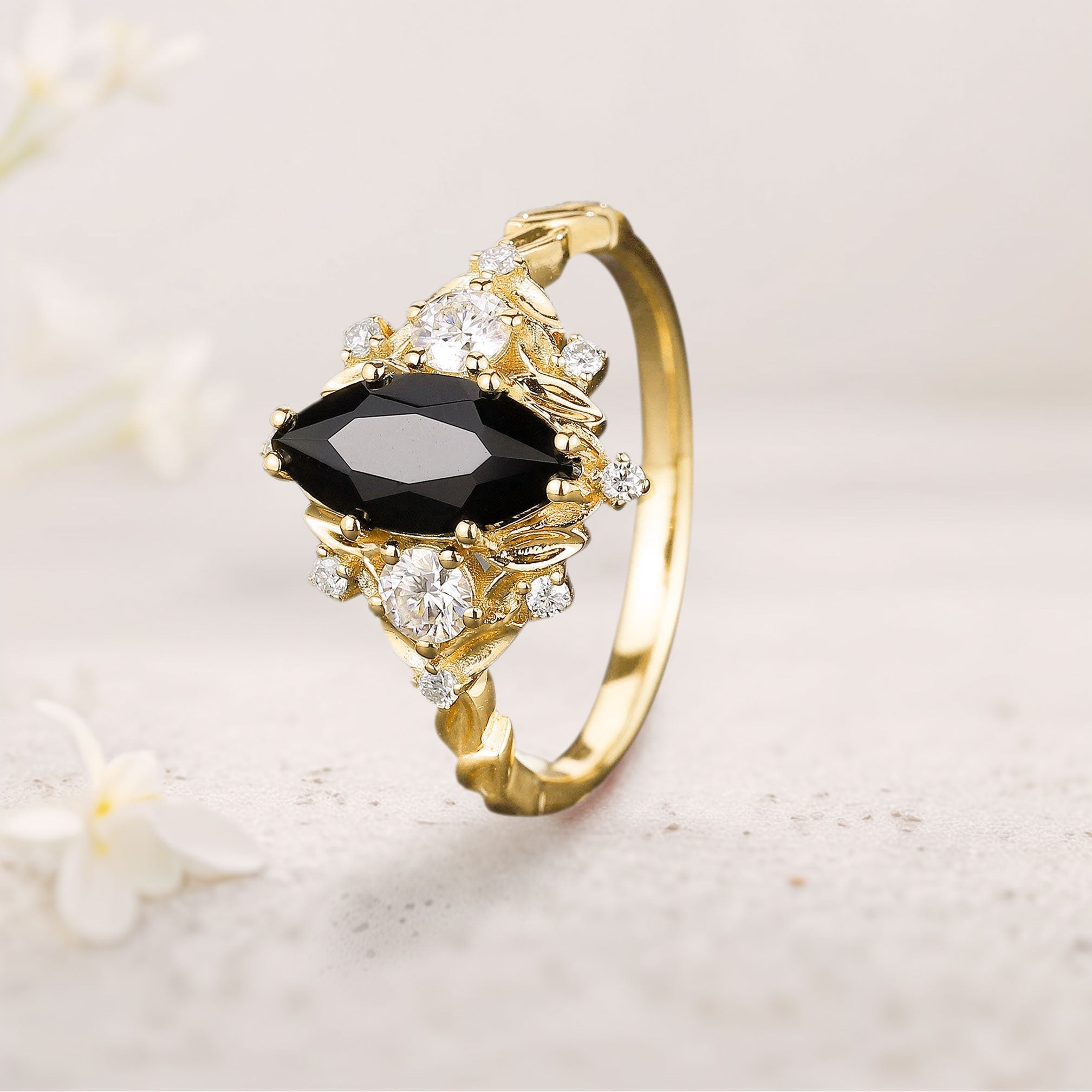 Unique floral engagement rings Marquise Black Onyx Ring Brilliant Moissanite Cluster Leaf 18K Yellow Gold Wedding Ring