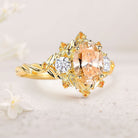 Unique Three Stone Citrine Leaf Bridal Ring 18K Yellow Gold Wedding Ring