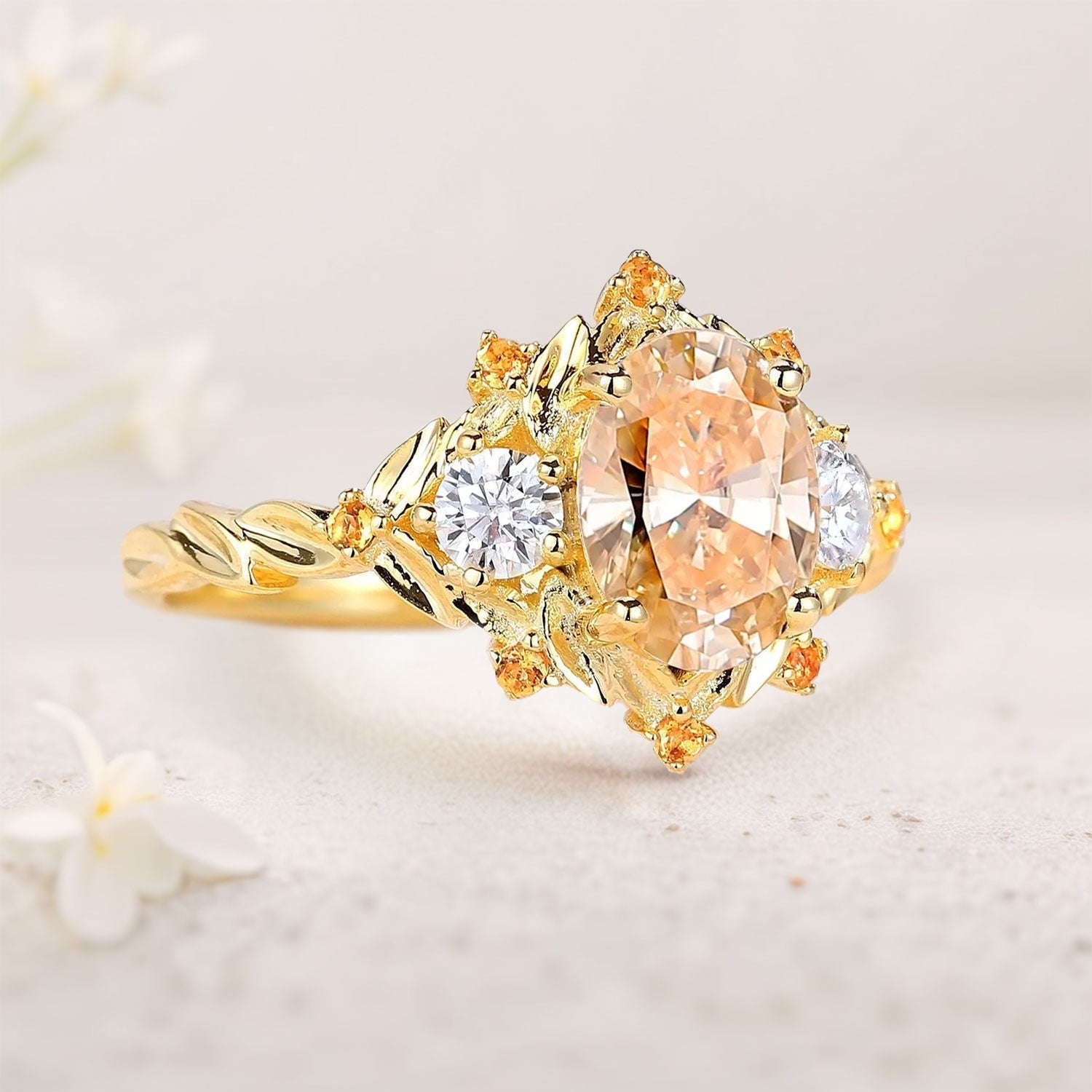Unique Three Stone Citrine Leaf Bridal Ring 18K Yellow Gold Wedding Ring
