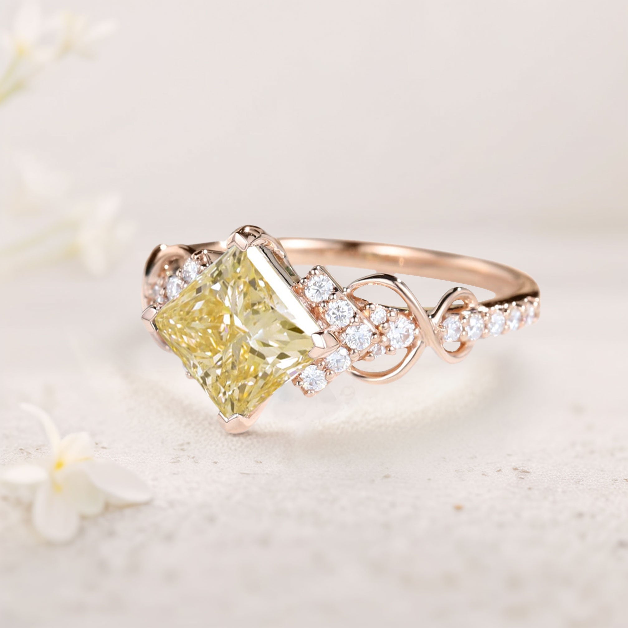 Vintage Princess Citrine Pave 18K Rose Gold Engagement Rings Infinity Wedding Band