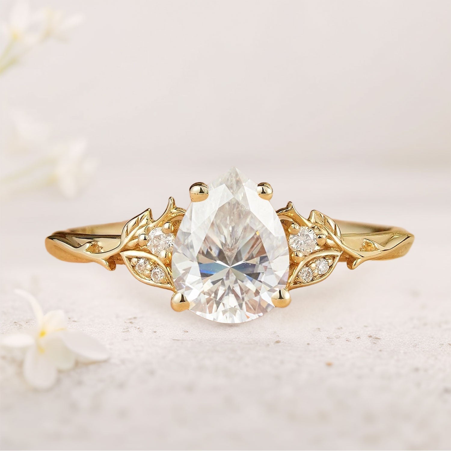Unique Pear Moissanite Leaf And Vine Inspired 18K Yellow Gold Engagement Ring