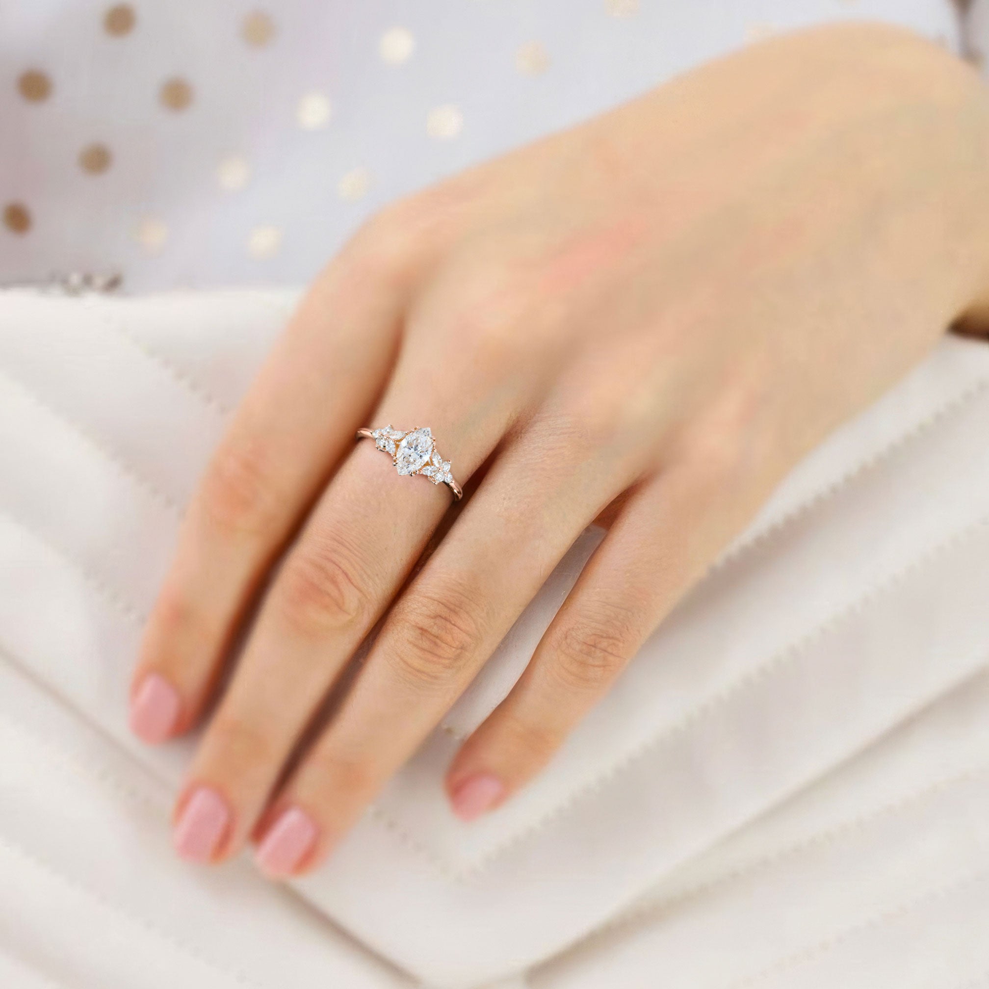 Unique Marquise Moissanite Rings Petal Side Stones 18K Rose Gold Engagement Ring