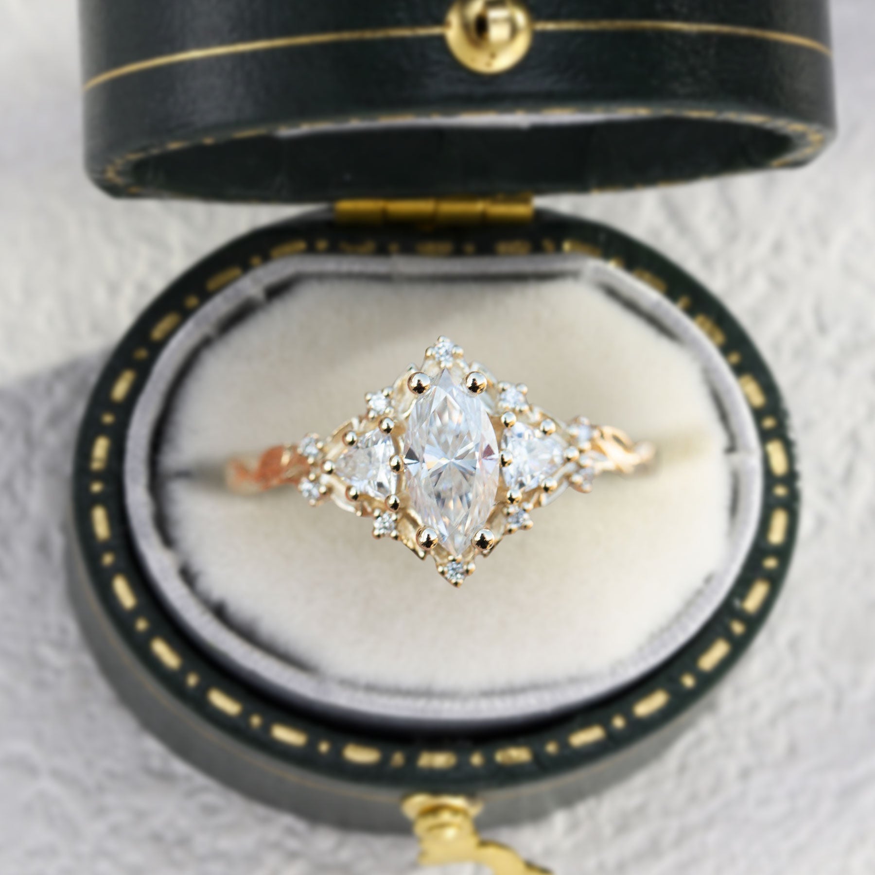 Unique Briar Rose Three Stone Marquise Moissanite 18K Yellow Gold Ring