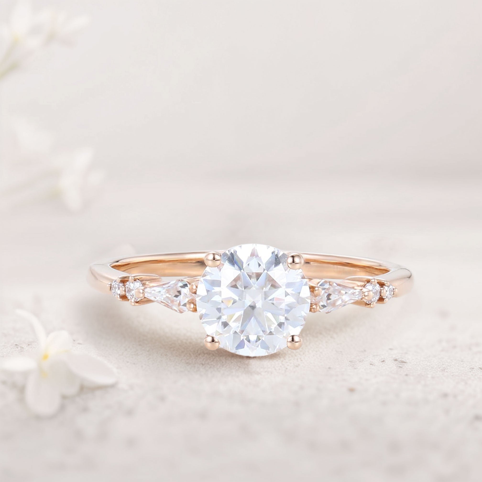 Unique Round Moissanite 18K Rose Gold Engagement Rings Minimalist Bridal Ring