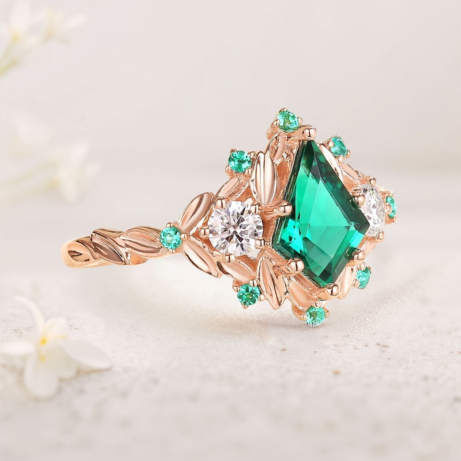 Vintage Kite Lab Emerald Ring Three Stone Ring Floral Branch Engagement Ring Dainty Emerald Cluster  18K Yellow Gold Wedding Ring Bridal Ring