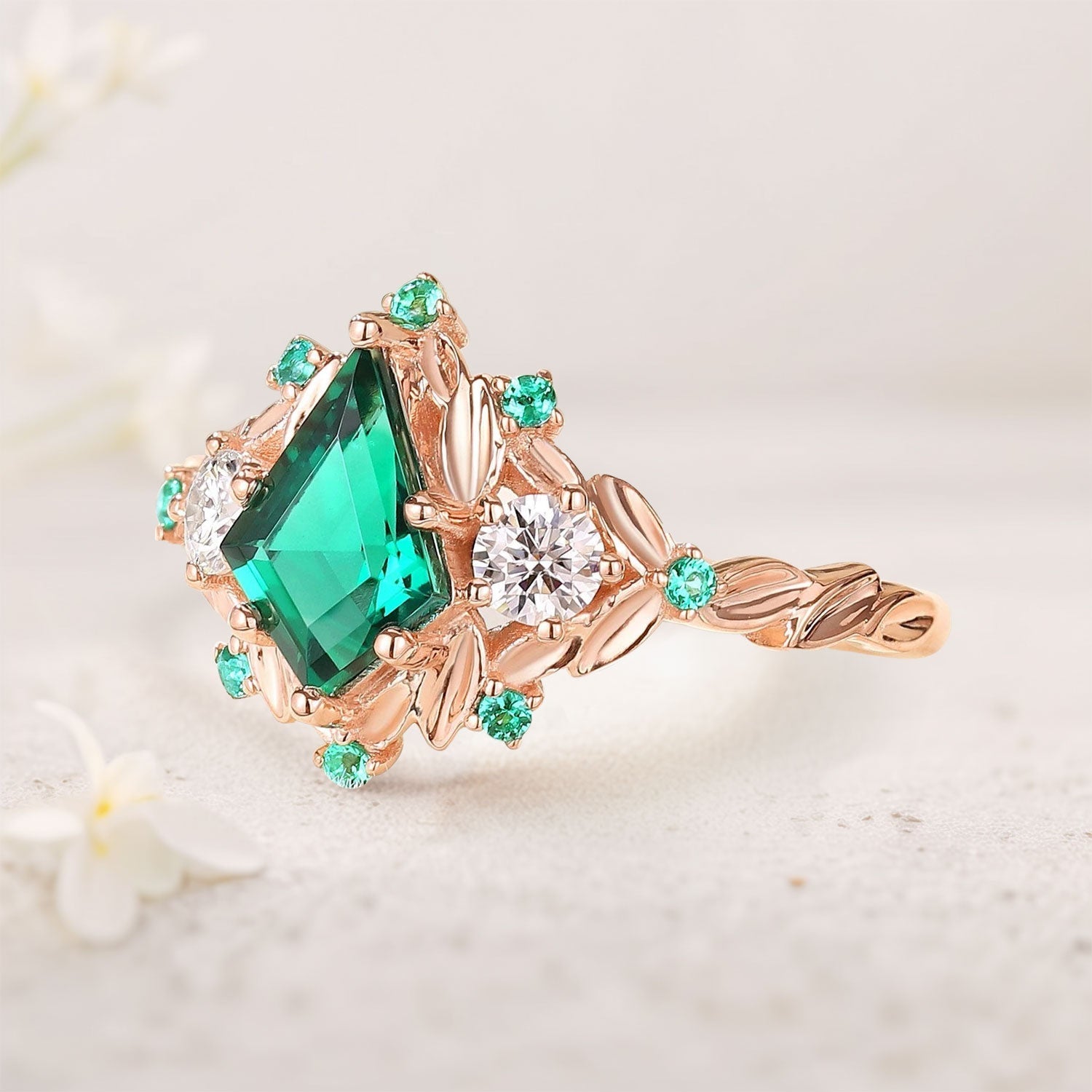 Vintage Kite Lab Emerald Ring Three Stone Ring Floral Branch Engagement Ring Dainty Emerald Cluster  18K Yellow Gold Wedding Ring Bridal Ring