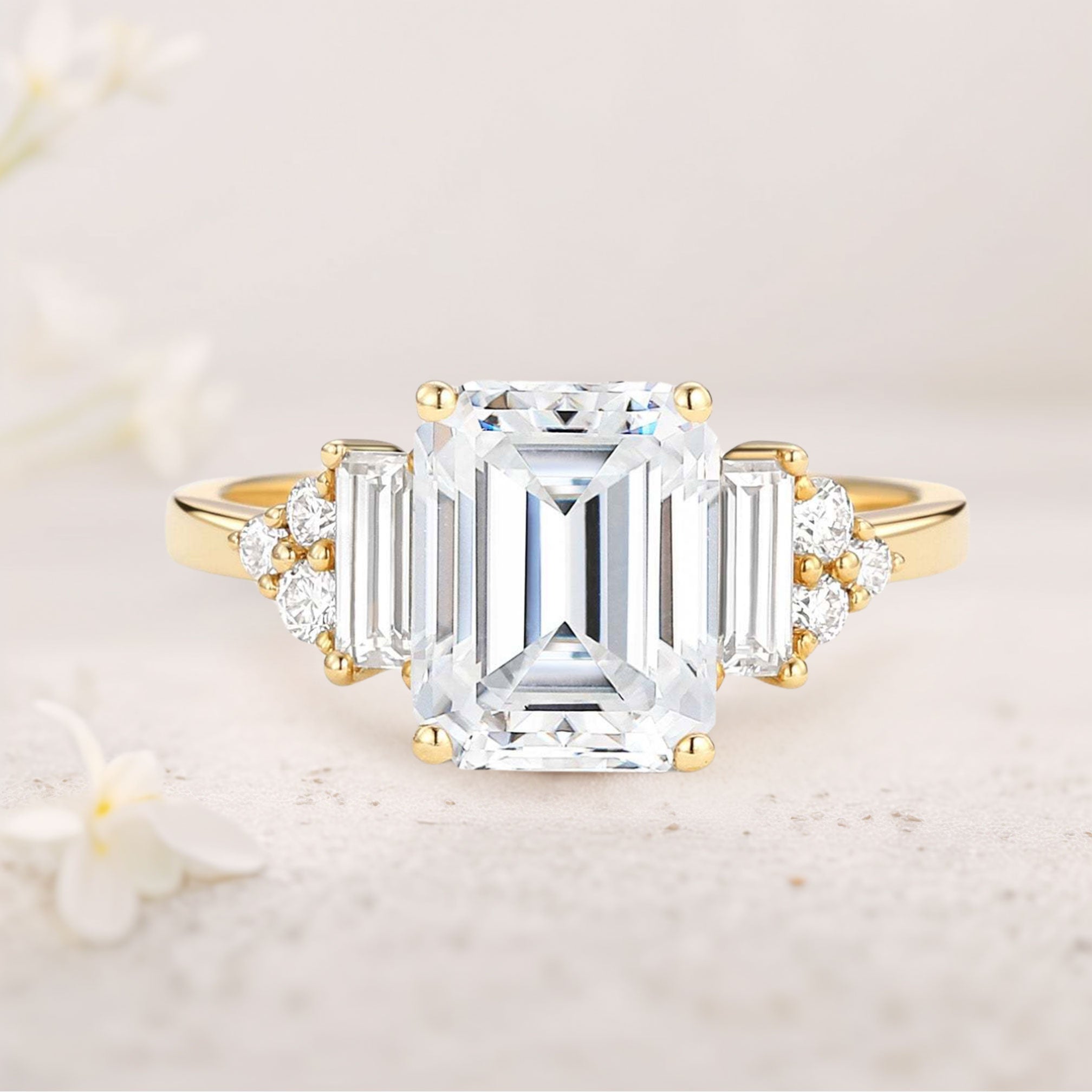 Unique Floral Three stone Emerald Cut Moissanite 18K Yellow Gold Engagement Ring