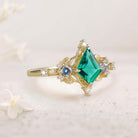 Unique Kite Three Stone Lab Emerald18K Yellow Gold Leaf Ring