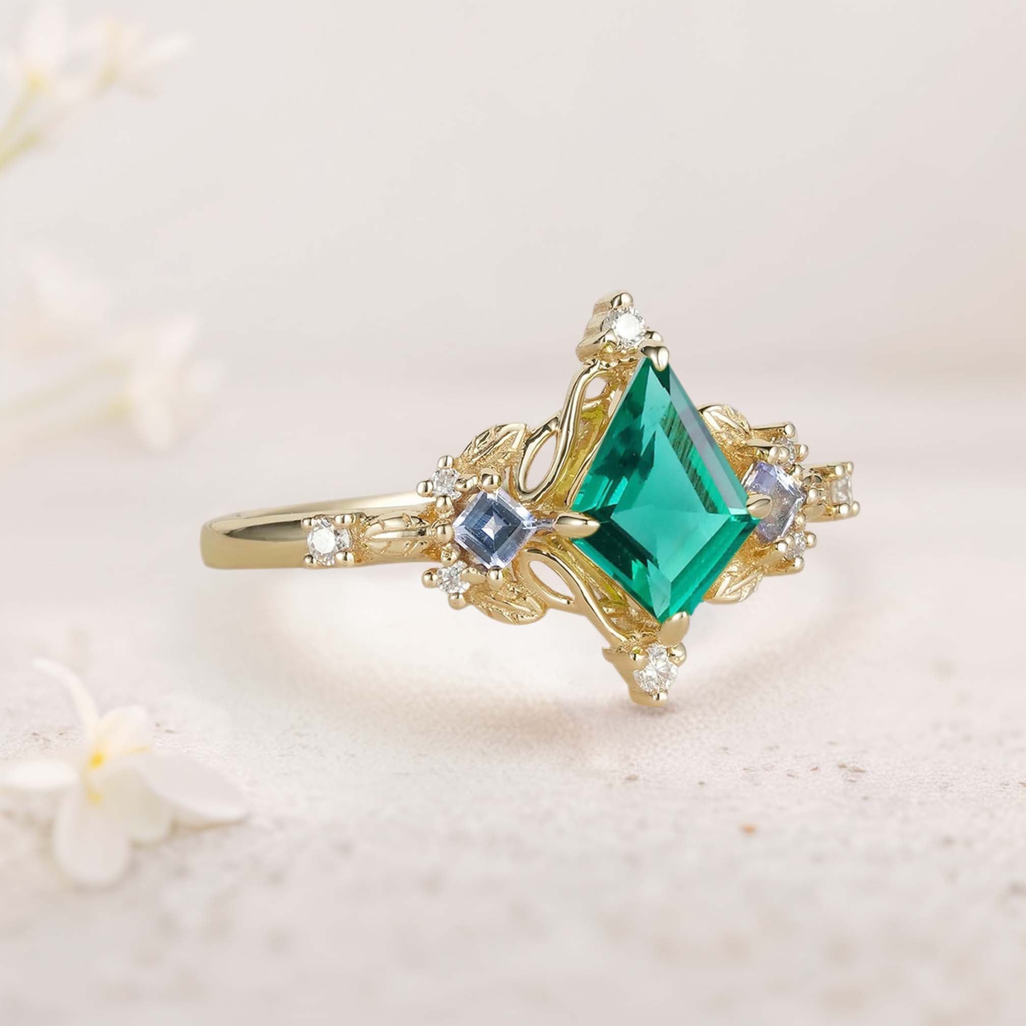 Unique Kite Three Stone Lab Emerald18K Yellow Gold Leaf Ring
