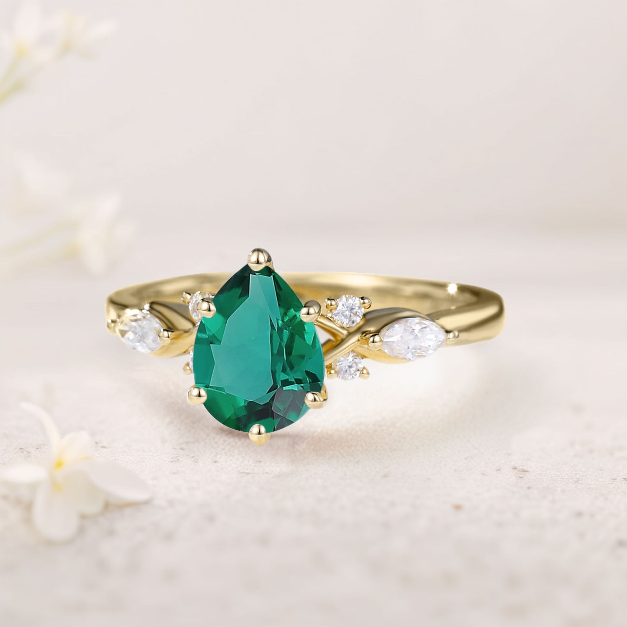Unique Pear Lab Emerald Split Shank 18K Yellow Gold Engagement Ring 
