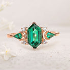 Vintage Hexagon Cut Lab Emerald Engagement Ring Unique Kite Cut Moon Design 18K Yellow Gold Promise Ring Gift for Women