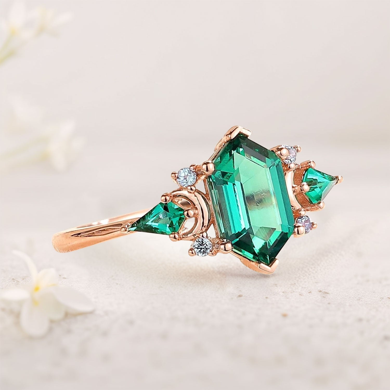 Vintage Hexagon Cut Lab Emerald Engagement Ring Unique Kite Cut Moon Design 18K Yellow Gold Promise Ring Gift for Women