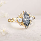 Unique floral engagement rings Marquise Gray Moissanite Ring Brilliant Moissanite Cluster Leaf 18K Yellow Gold Wedding Ring