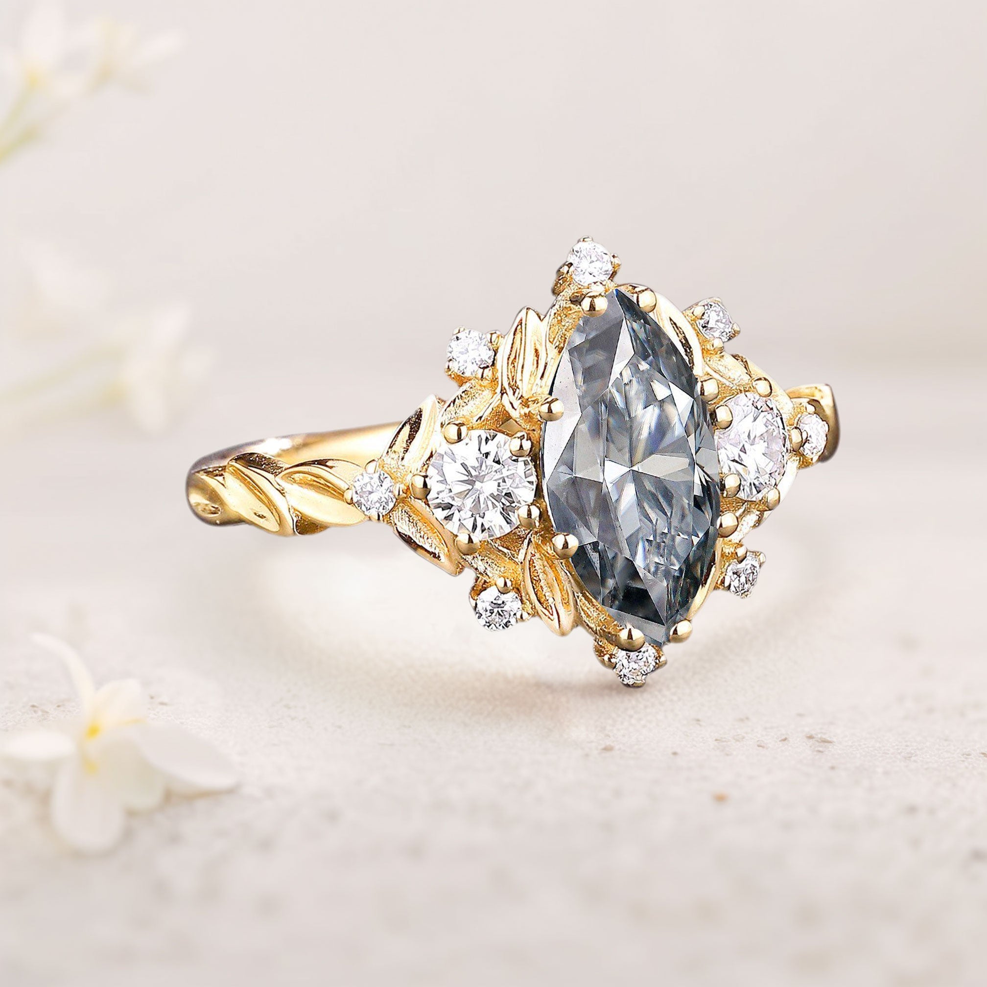 Unique floral engagement rings Marquise Gray Moissanite Ring Brilliant Moissanite Cluster Leaf 18K Yellow Gold Wedding Ring