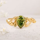 Unique floral engagement rings Green Moissanite 18K Yellow Gold Engagement Ring with Leaves Ring