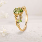 Unique floral engagement rings Green Moissanite 18K Yellow Gold Engagement Ring with Leaves Ring