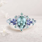 Unique Starlight Oval Green Lab Sapphire and Blue Sapphire 18K Rose Gold Engagement Ring