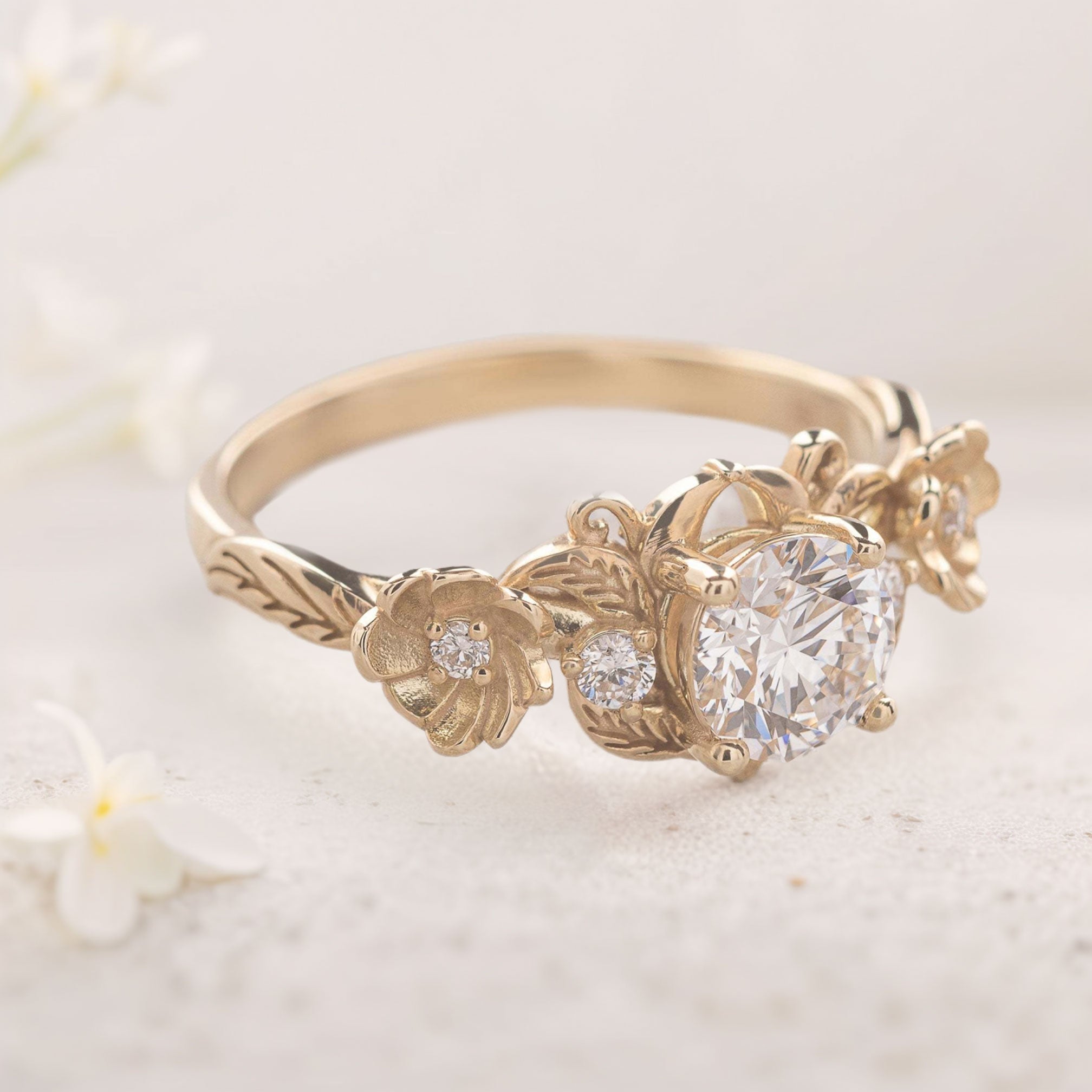 Unique flower Round Moissanite 18K Yellow Gold Engagement Ring