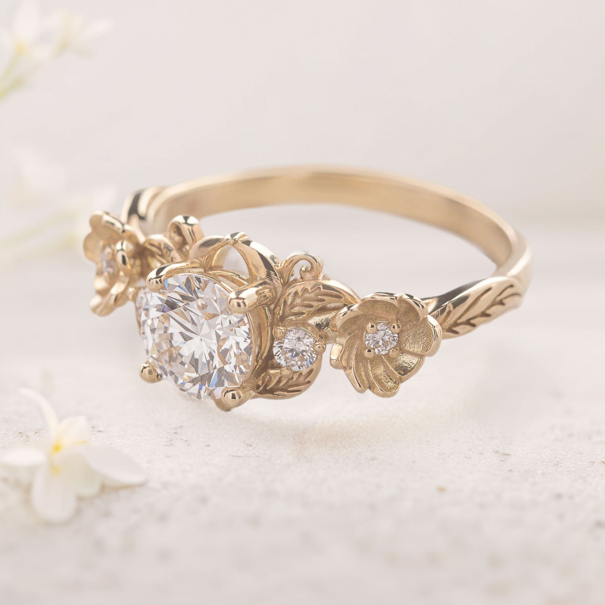 Unique flower Round Moissanite 18K Yellow Gold Engagement Ring
