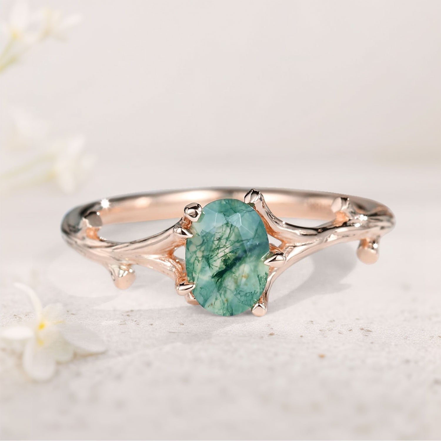 Unique Oval Moss Agate Engagement Ring Solitaire Branch Shape 18K Rose Gold Engagement Ring Promise Ring